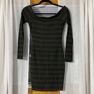 Off the shoulder green and black stripped dress.